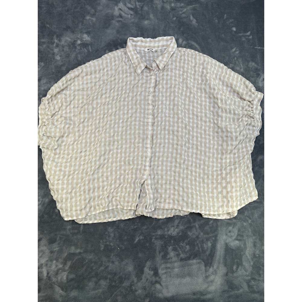 Day + Moon Gingham Oversized Button Down Blouse Beige White Large A2028
